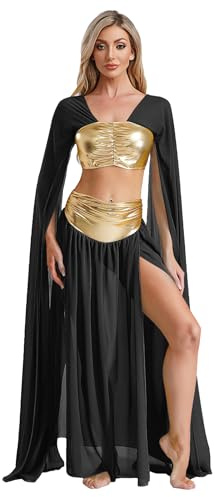 Riismen Femme Costume Égyptienne Ensemble De Danse Orientale Haut Et Jupe Cosplay Déesse Grecque Romaine Carnaval Halloween Noir M