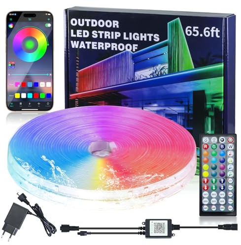 20M LED Streifen Aussenbereich, IP68 Wasserdicht RGB Outdoor LED Streifen Unterstützt Fernbedienung/APP-Steuerung mit Musik Synchronisation und Zeitsteuerungsfunktion für Balkone, Dächer und Gärten