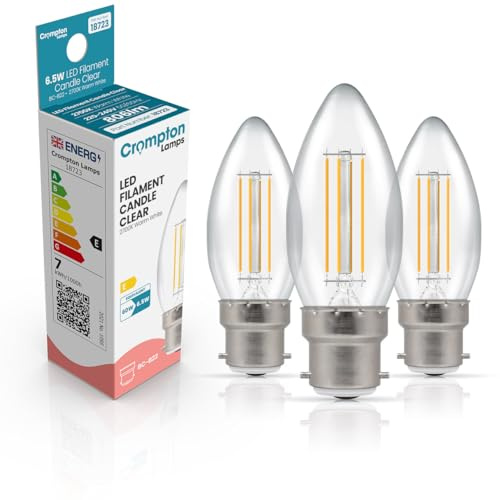 Crompton Lamps Filament Candle LED Light Bulb BC-B22d | 6.5W = 60W Equivalent | Warm White 2700K | Energy Efficient | Bayonet Lightbulb | Long Life 15,000-Hrs | Clear Glass | Dimmable | 3-Pack