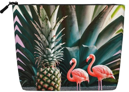 Trousse de maquillage en chanvre avec imprimé coq sur bois dans les terres agricoles, trousse de toilette de voyage pour femme, rangement quotidien, voyages d'affaires, et plus encore, Flamant rose