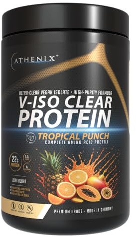 ATHENIX® V-ISO Clear Protein | Ultra-Clear Vegan Isolate | 22g Protein | Tropical Punch Flavour | High Purity Formula | Zero Bloat | Soy Free | Premium German Quality