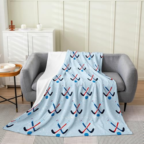 Erosebridal Ice Hockey Flannel Blanket Throw 50x60 | Winter Sports Game Fleece Blanket Blue Puck Hockey Rink Fuzzy Plush Throw for Bedroom Living Room Magical Snowflake Blue Pattern