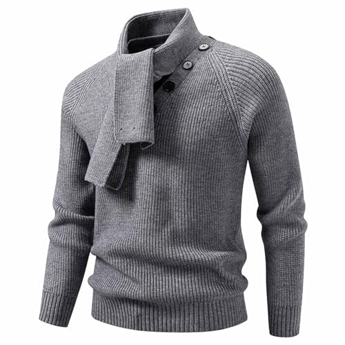 Generisch Jersey de negocios para hombre, cuello chal, cuello redondo, jersey ajustado, jersey de invierno de punto grueso, suéter de punto cálido, jersey texturizado, borde acanalado, S1 gris, XL