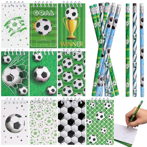 PAYFULLY 22-tlg. Fußball Notizbuch Klein Set mit 10 Blöcke ＆ 12 Bleistiften, Mini Fußball Notizbuch Set für Fußballpartys, Kindergeburtstage & Geschenkideen