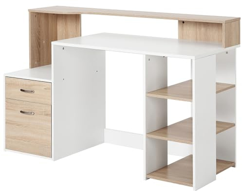 HOMCOM Computer Desk PC Table Modern Home Office Writing Workstation Furniture Printer Shelf Rack w/Storage Drawer & Shelves (Oak and white)