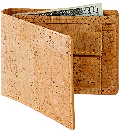 Corkor Cork Wallet for Men Coin Pocket RFID Blocking Vegan Non-Leather Eco Gift Natural, Light Brown, Small