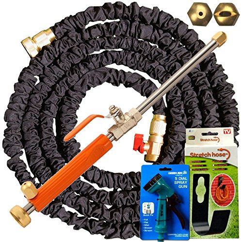 Garden Hose Pipe 50FT-75FT NON KINK & TANGLE Expanding Expandable Stretch Hose PRO With Spray Lance & 5 Dial Spray Gun with Metal Hose Holder (Stretch Hose PRO - 50FT PACK)