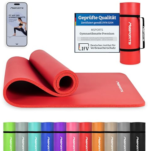 MSPORTS Gymnastikmatte Premium – rutschfeste Fitness- & Yogamatte | Hautfreundlich - inkl. Tragegurt, Übungsposter & Workout-App - 190 x 100 x 1,5 cm - Rubinrot