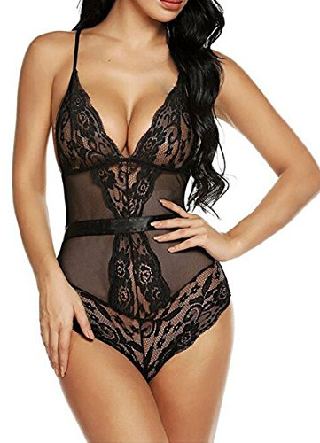 Buitifo Femmes Body en Dentelle Lingerie Sexy Teddy V-Cou One-Piece Babydoll Pyjama Négligé (Noir-XL)