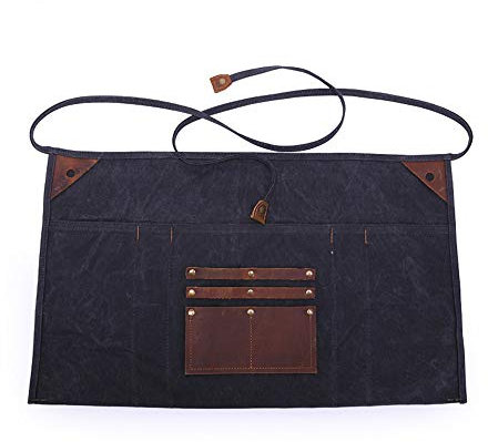 RUIZHIXUAN Multipurpose Waxed Canvas Waist Apron Leather Pockets for Men and Women, Heavy Duty Workshop Half Work Tool Apron, Black, Large