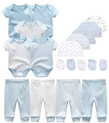Kiddiezoom Baby-bodys, byxor för spädbarn, sparkdräkt, klädset, kläder för pojke, flicka, bomullsmössa, vantset mot rivmärken, 9-12 Månader