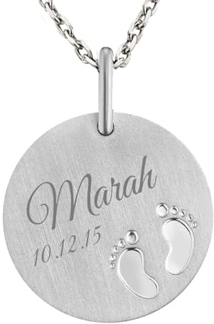 UHRENWELT Personalisierte Babyfuß Halskette mit Gravur – Silber 925 Anhänger für Damen mit Name & Datum Wunschgravur – Geschenk zur Geburt & Taufe oder Muttertag