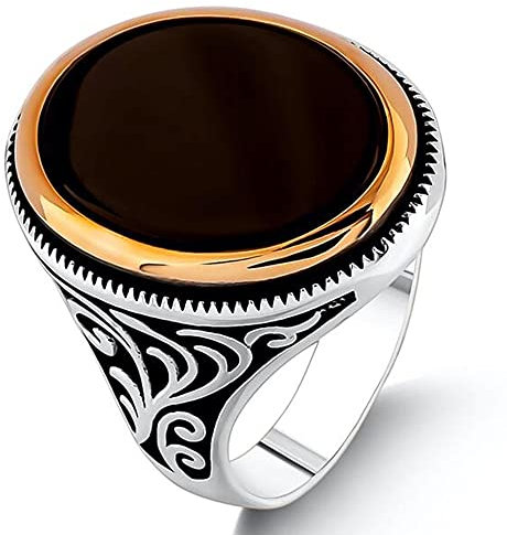 Herren-Ring aus massivem 925er-Sterlingsilber, flacher schwarzer Onyx-Stein, Metall, Onyx