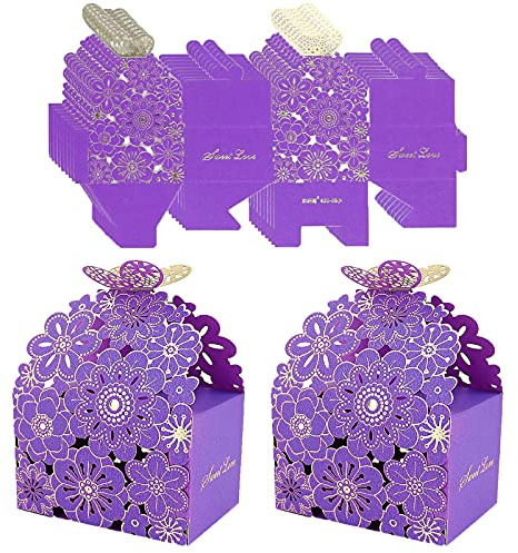 Geschenkschachtel Papier Klein, 50 Pcs Hochzeit Geschenkbox für Gäste, Schmetterling Hochzeit Geschenkbox, Geschenkboxen Lila, Papier Süßigkeiten Kasten für Hochzeits Party Weihnachten, 7*6,5*8,5 cm