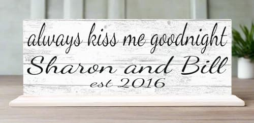 Custom Wedding Gift or Anniversary Family Established Sign Name & Est. Date for Mantel or Shelf - Solid Wood - 16.5in x 6.25in x 3in (Always Kiss Me Goodnight)