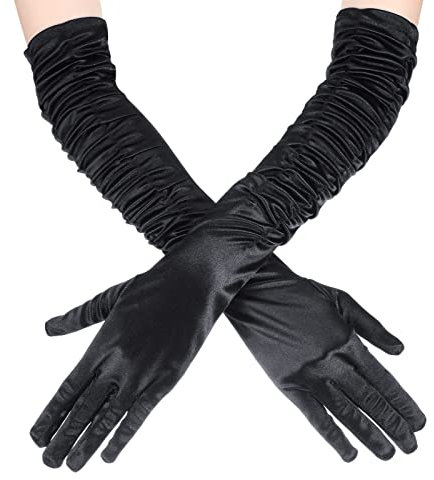 20er Jahre Halloween Lange gerüschte Satin-Handschuhe Opernhandschuhe Lange Damen Abendhandschuhe Frauen Satin Ellenbogenhandschuhe Halloween Kostüm Handschuhe Plissee Schwarz Handschuhe für Braut
