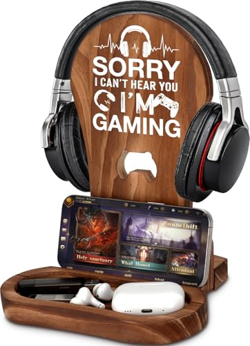 CryCarrot Gamer Gifts for Men Boys, Gaming Desk Accessories, Wooden Headphone Stand, Headset Holder, Phone Stand, Brown