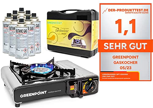 Greenpoint Gaskocher (Edelstahl) + 8 Gaskartuschen - Campingkocher ink.Tragekoffer mit 8 Gaskartusche, Gaskocher mit Kartusche, Campingkocher mit Kartusche