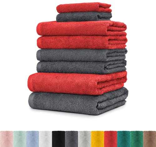 BaSaTex 8er Handtuch Set 100% Baumwolle | 4X Handtücher, 2X Duschtücher, 2X Gästetücher | Öko-Tex Made in Green | Farbe Anthrazit + Rubin