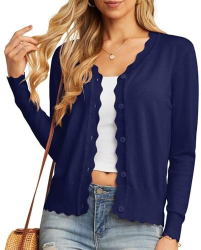 GRECERELLE Cardigan da Donna con Bottoni e Scollo a V Cardigan da Donna in Pizzo Estivo, Leggero ed Elegante (Blu Marino, L)