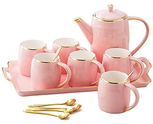 HWSY Utility Porcelain Tea Set Coffee Cups Teapots Ceramics Teaset Coffee/Tea Sets 1150ml Coffee Pot Pink Tea Service of 6 Cups for 300ml Teapots Interesting