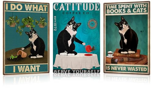 HMIEPRS 3 Pezzi Gatto Nero Targhe in Metallo, Quadri in Metallo Poster Vintage, Segno di Latta Retro Art Poster Dipinti, Decorazioni Retrò Poster con Placca Murale per Bar Pub Cafe Casa (Style A)