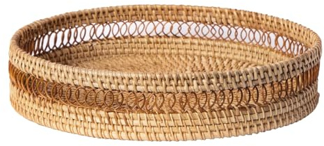 Porto Boutique Round Rattan Service Tray - Hand Woven Serving Basket, Ideal for Coffee Table, Breakfast Drinks Fruit Bread, Decorative Centerpiece, Stylish Home Decoration, Set of 3 (S - M - L)