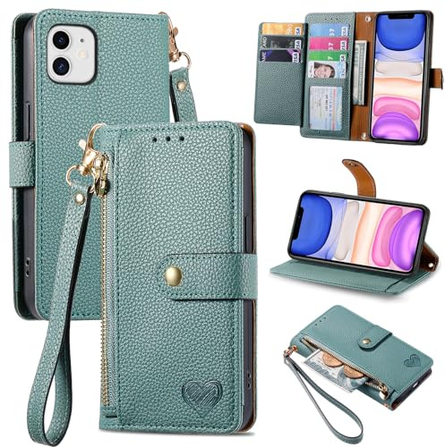 VEEMOS Handyhülle für Apple iPhone 11 Hülle Klappbar Klapphülle Schutzhülle mit Kartenfach RFID Reißverschluss Handy Tasche Leder Flip Case Cover Handytasche Frauen - Grün