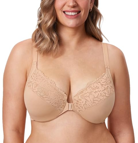 DELIMIRA Kvinnors Främre Stängning Plus Size Full Täckning Spets Bygel Racerback Bh Warm Beige 85B
