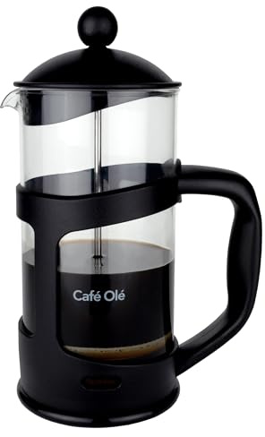 Café Olé - Cafetera de plástico negro para 8 tazas, filtro de acero inoxidable resistente a la corrosión, marco de plástico aislado, apto para lavavajillas, prensa francesa