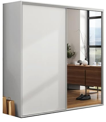 BM-Möbel Großer Kleiderschrank mit Schiebetür und Spiegel - mit Einlegeböden und Kleiderstange - für Garderobe, Schlafzimmer - Weiß - 175 X 62 X 245 cm (B/T/H)