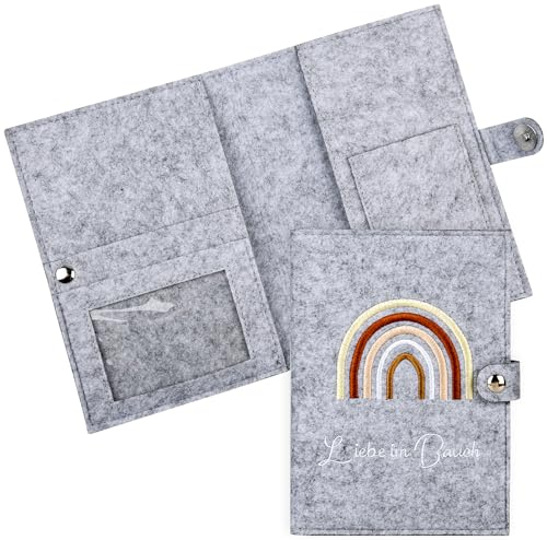 MINISONA Mutterpasshülle aus Filz,deutschen Mutterpass, Mutterpass-Schutzhülle Mutterschaftspass-Hülle,Hellgrau Mutterpass mit Fächern für Impfpass (Buckle)…
