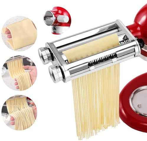 FavorKit 3 in 1 Pasta Maker Attachment Set for KitchenAid Mixers Plus Hub Knob Screw Accessory Included Dough Sheet Roller, Noodle Spaghetti & Fettuccine Cutters-Unique Design