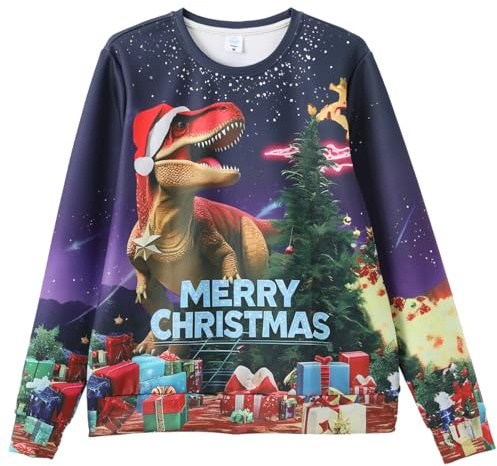 IFFEI Jultröja för kvinnor och män, 3D-grafik, ful jultröja, rolig tröja, toppar för julfest, Dinosaurie, M