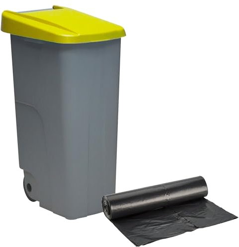 WELL HOME MOBILIARIO & DECORACIÓN Contenedor Cerrado 110L Amarillo H.88cm + Rollo 10 bolsas de basura 120L