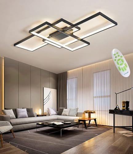 MQW Moderne LED Deckenleuchte Dimmbar LED Deckenlampe Wohnzimmer, 2700k-7000k Wohnzimmerlampe mit Fernbedienung, Geometrisch Multifunktional Deckenbeleuchtung schwarz für Wohnzimmer, schwarz,L80cm