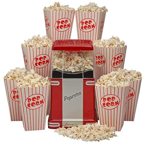 Cooks Professional Retro Popcorn Maker 1200W with 8 Boxes & One Touch Operation | Compact Vintage Style Healthy Snack Hot Air Circulation Popcorn Machine for Parties, Weddings, Movie Nights | Red