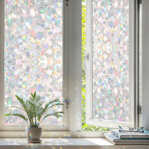 Qualsen Rainbow Window Film Privacy Film for Glass Windows Pebble Pattern Stained Glass Window Films Static Cling Opaque Decorative Anti UV for Home Bedroom Office 44x200cm
