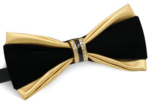 GHTIYLP PU Leather Bowtie with Rhinestone Decoration Tuxedo Bow Ties for Men Pre-tied Adjustable Men's Bow Ties for Wedding (Gold Black)