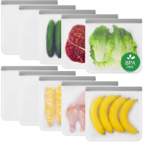 10pcs Reusable Freezer Gallon Bags Dishwasher Safe BPA Free, 11 * 11 Inch Leakproof Silicone and Plastic Free Silicone Food Storage Bags for Marinate Meats, Meal Prep, Fruits, Sandwich, Vegetable