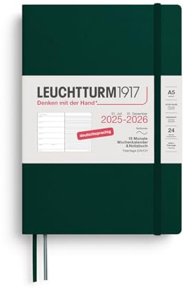 LEUCHTTURM1917 372625 Wochenkalender & Notizbuch Medium (A5) 2026, 18 Monate 07.2025-12.2026, Softcover, Forest Green, Deutsch