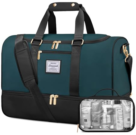 LOVEVOOK Resväska dam, weekender Travel Duffle Carry On Bag med toalettväska, skofack och våtfack, vattentät sportväska gym yoga väska, handbagage, väska för sport semester flygplan, Svart-blågrön, M