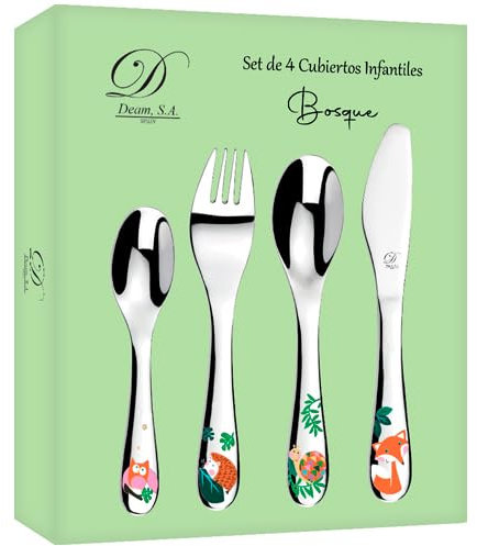 Estuche de 4 Cubiertos Infantiles con diseño de Bosque. Disponible Grabado Personalizado (09709)