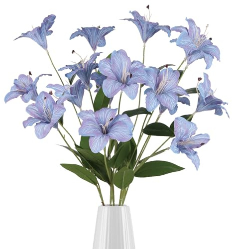 INSUNSIX Blue Artificial Lilies Long Stem 5 Pcs 33.46” Realistic Lilies Flower Home Decor 3 Heads Blooming Lily for Room Home Bath Outdoor Garden Party Aisle Arrangement(Blue
