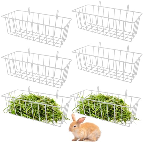 GBACHOOSE 6PCS Heavy Duty Metal Rabbit Hay Feeder Rack with Hooks, 9x4x3 Inch Cage Hanging Holder for Bunnies and Guinea Pigs (White)