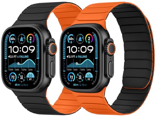 Tasikar Double Sided Wearable Magnetic Strap Compatible with Apple Watch 49mm 46mm 45mm 44mm 42mm, Soft Silicone Sport Band for iWatch Ultra3 2 1 SE Series 11 10 9 8 7 6 5 4 3 2 1, Black Orange