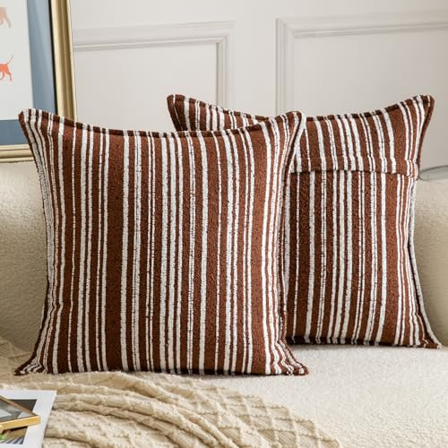 Madizz Juego de 2 Funda de cojíns Decorativas de Bucles con Borde Neutras Boho Fundas de Almohada Rayada para Sofá Dormitorio Salón Rojizo óxido Cuadrado 40 x 40 cm