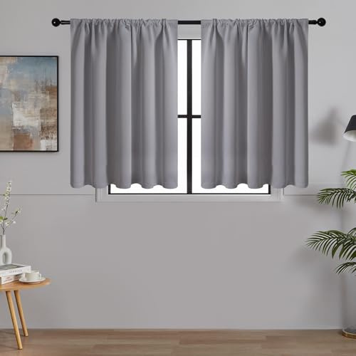 MRTREES Scheibengardinen Blickdicht Kurz Modern Fenster Küche Wohnmobil Bistrogardine 2er Set H 45 x B 90 cm Küchengardinen Wasserabweisend Kurze Vorhang Klein mit Stangendurchzug Hellgrau