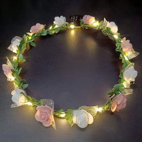 AWSOLAR 8Pcs Blumenkranz Haare LED, Rosa und Weiß LED Blumenkranz mit Licht | Blumenkranz Haare für Brautschmuck, Festival, Party