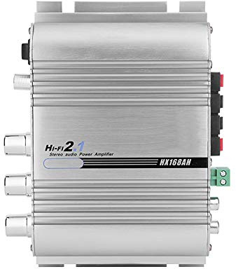 GLOGLOW Amplificador Digital para Automóvil 12V 2.0 Hi-Fi de Graves Pesados ​​AMP Estéreo de 2.1 Canales para Parlantes de Computadora/MP3, Pequeño Amplificador de Plateado de Aleación de Aluminio